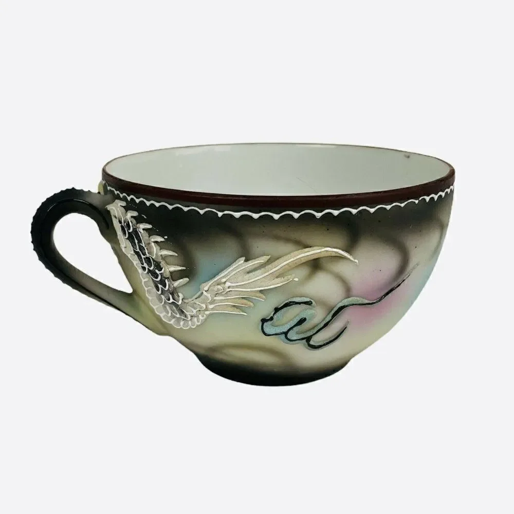 Vintage Dragonware Moriage Teacup and 2 Saucers Hand Painted Japan Blue Eyes 3D